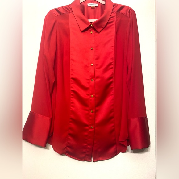 Calvin Klein Red‎ Blouse Button Up Large Satin - Picture 1 of 5